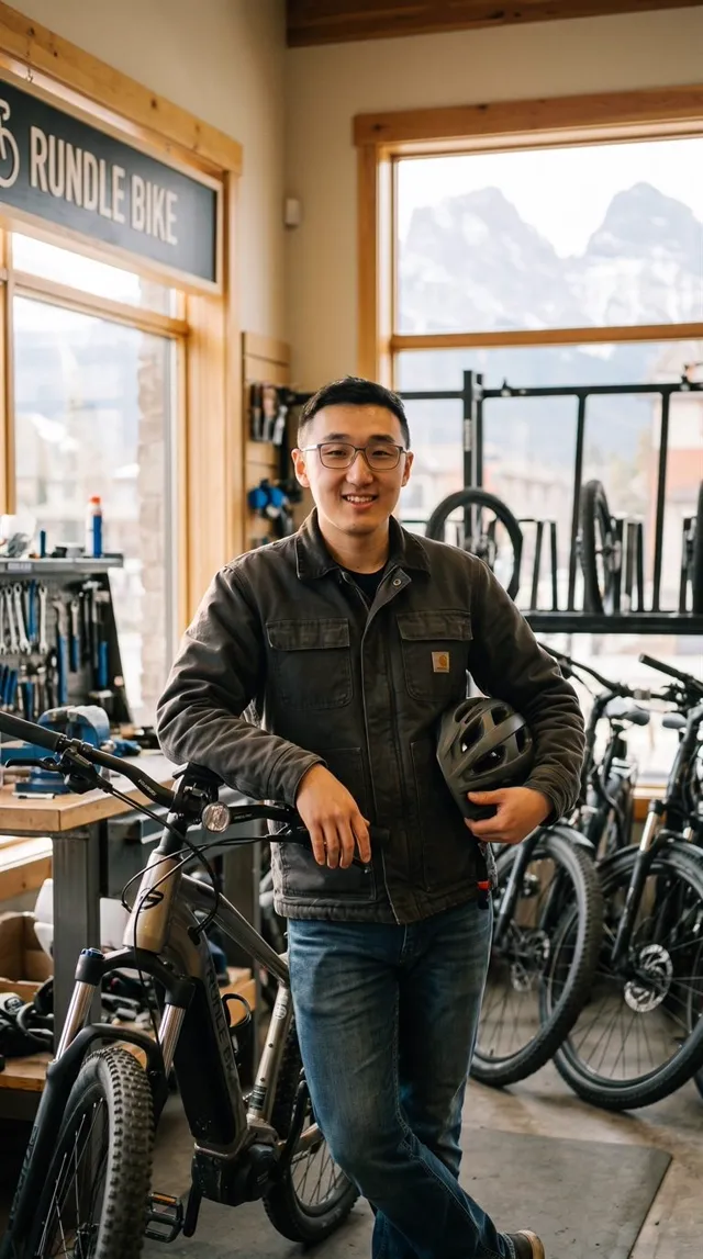 Evan Cao in the Rundle Bike shop in Canmore